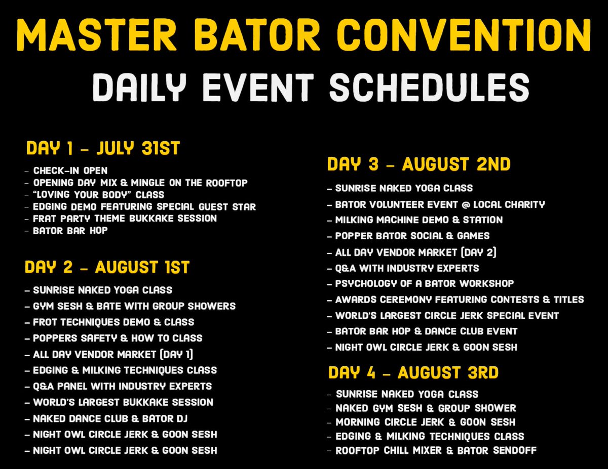 burghbatebuds's tweet photo. Master Bator Convention Schedule of Events! Lots of fun #bator &amp; #gooner events to put you over the edge! 😜 Come be part of it all! https://t.co/aZLwNBcnUE https://t.co/Zep2PkbcMD