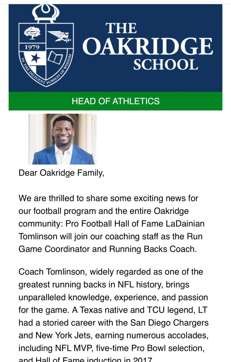 Rebecca Lopez (@rlopezwfaa) on Twitter photo PRO FOOTBALL HALL OF FAME and TCU Legend LaDainian Tomlinson is joining the coaching staff at The Oak Ridge School as running backs coach and run game coordinator! <a href="/TCUFootball/">TCU Football</a> <a href="/nyjets/">New York Jets</a> <a href="/chargers/">Los Angeles Chargers</a> <a href="/wfaa/">WFAA</a> PRO FOOTBALL HALL OF FAME and TCU Legend LaDainian Tomlinson is joining the coaching staff at The Oak Ridge School as running backs coach and run game coordinator! <a href="/TCUFootball/">TCU Football</a> <a href="/nyjets/">New York Jets</a> <a href="/chargers/">Los Angeles Chargers</a> <a href="/wfaa/">WFAA</a>