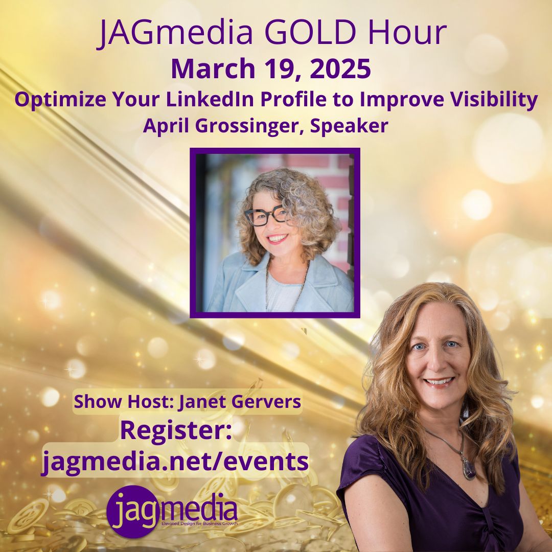 JAGmedia GOLD Hour ⭐ March 19 ⭐
Optimize Your LinkedIn Profile to Improve Visibility With People &amp; Bots
Learn LinkedIn GOLD: jagmedia.net/events