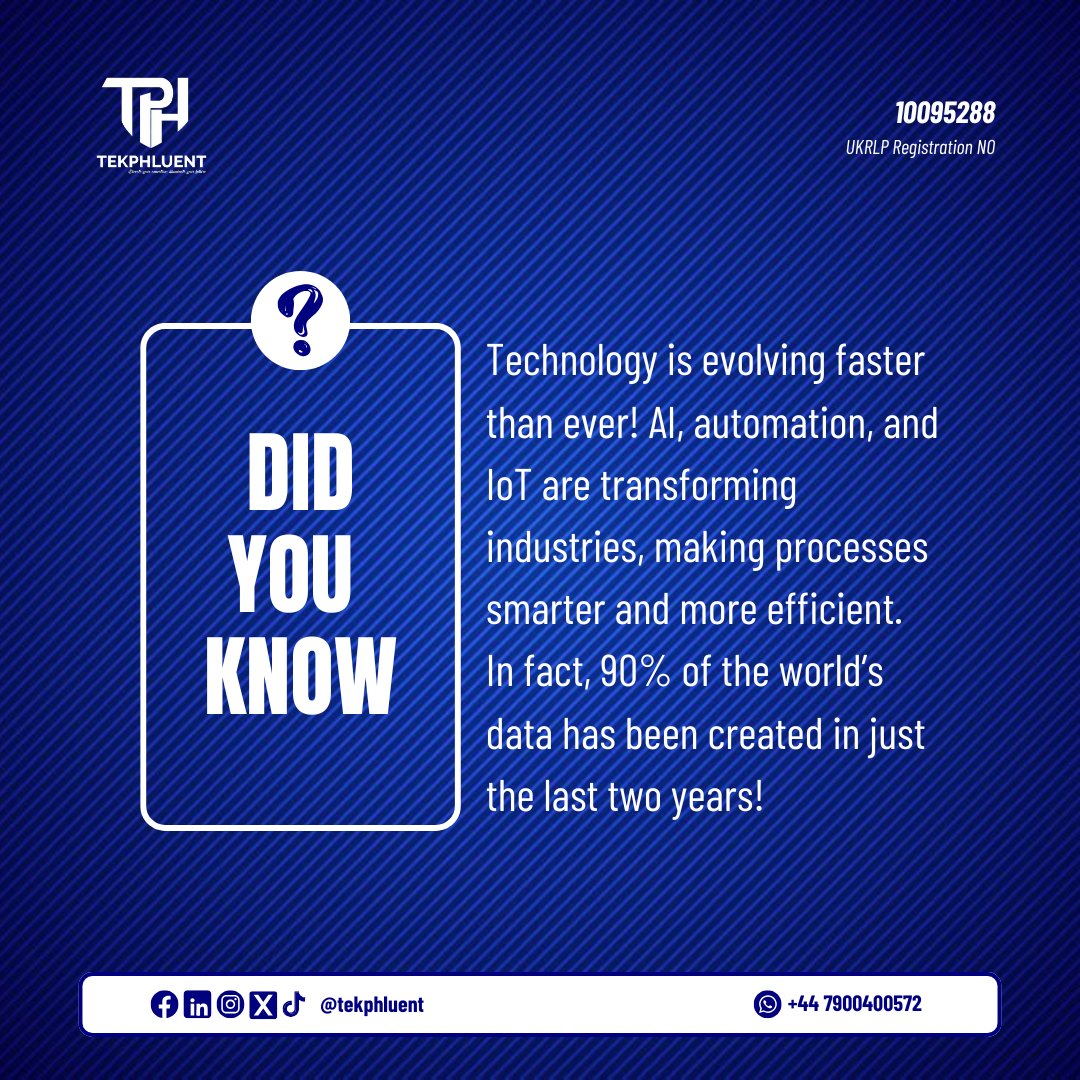 tekphluent's tweet image. DID YOU KNOW? 
90% of the world’s data was created in just the last 2 years! AI, automation, &amp;amp; IoT are transforming industries faster than ever. Stay ahead—keep learning &amp;amp; evolving! 

#TechEvolution #DigitalTransformation #TekPhluent