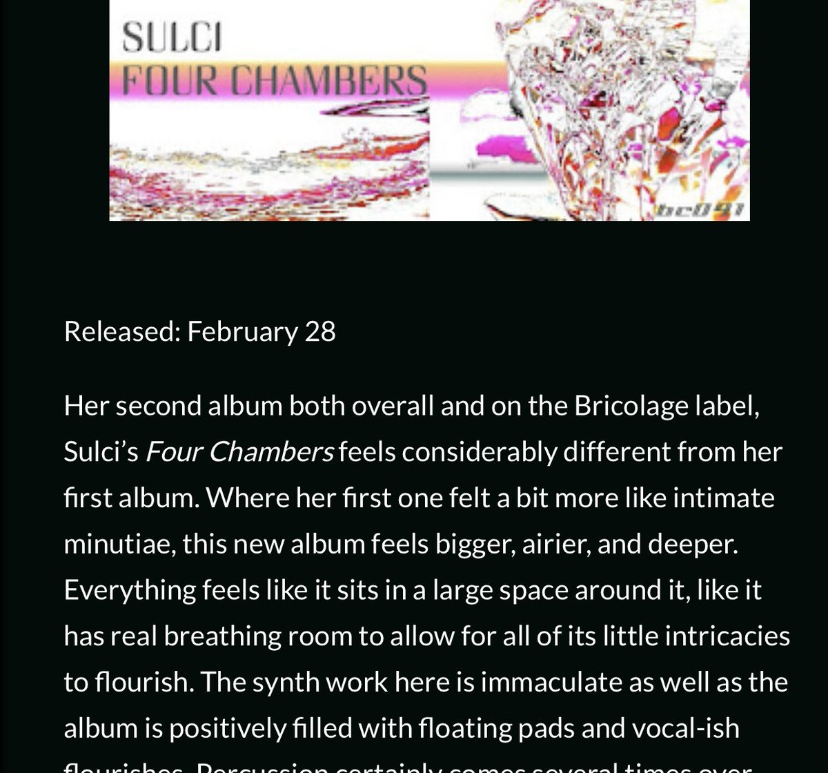 “…, allowing itself to float away completely into a lucid dreamworld…”

Cracking review of the <a href="/hellosulci/">Sulci</a> “Four Chambers” album via <a href="/FringesofSound/">Fringes of Sound</a> 

Read in full ⬇️
onthefringesofsound.com/2025/03/sulci-…

Four Chambers is available now ⬇️
bricolageglasgow.bandcamp.com/album/four-cha…