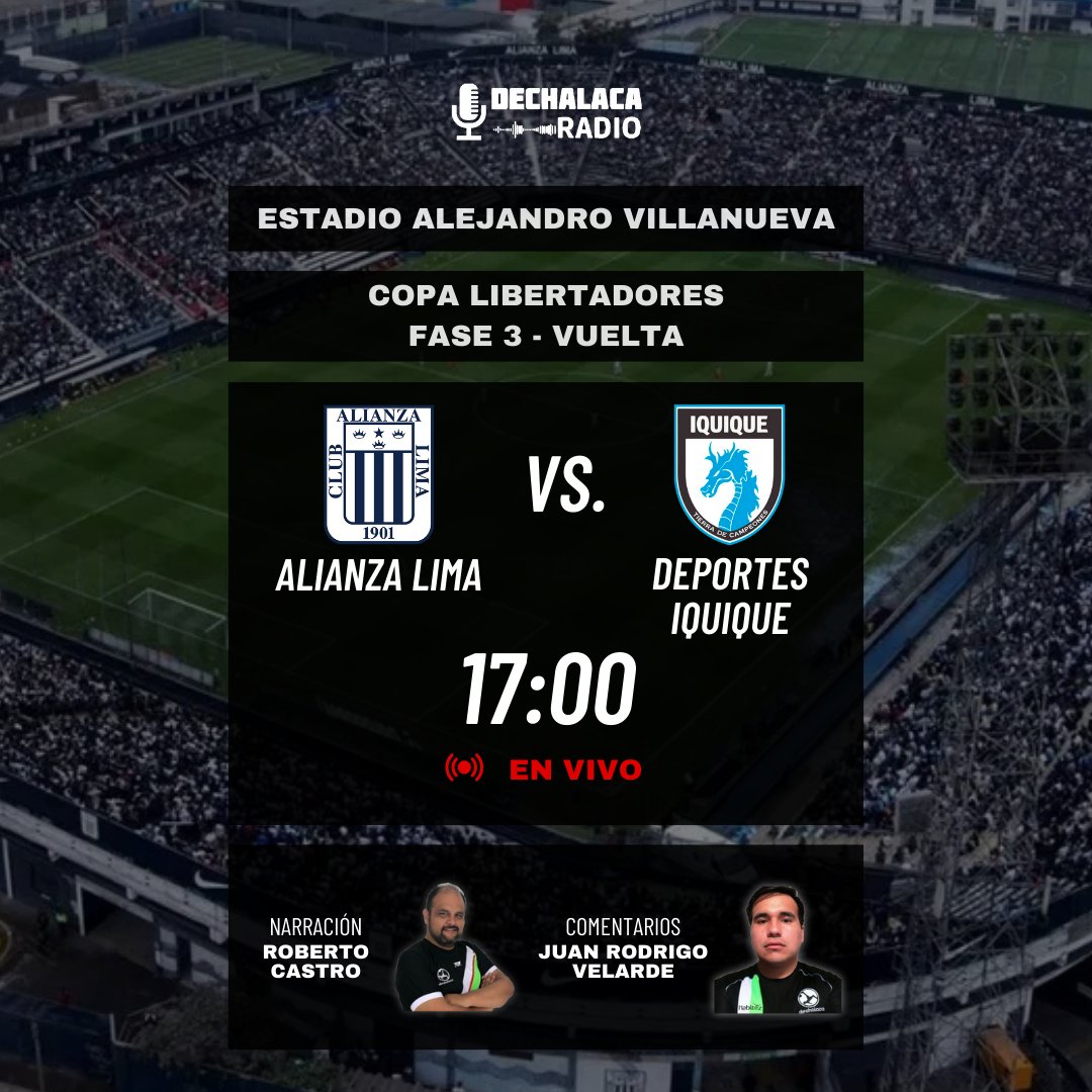 🏆 Copa Libertadores - Fase 3 - vuelta

El cuadro blanquiazul busca aprovechar la ventaja de la ida y cerrar la llave en casa, y así prolongar su gran momento

🇵🇪 Alianza Lima 🆚 Deportes Iquique 🇨🇱
🏟 Estadio Alejandro Villanueva

🎙 Narración: <a href="/rcastrolizarbe/">Roberto Castro</a> 
🗣 Comentarios: