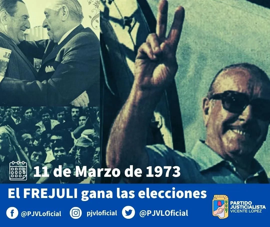 📅 11 de Marzo de 1973 • #UnDiaComoHoy 

El FREJULI, de la mano de la fórmula Héctor Cámpora - Vicente Solano Lima, gana las elecciones con el 49% de los votos hace 52 años.