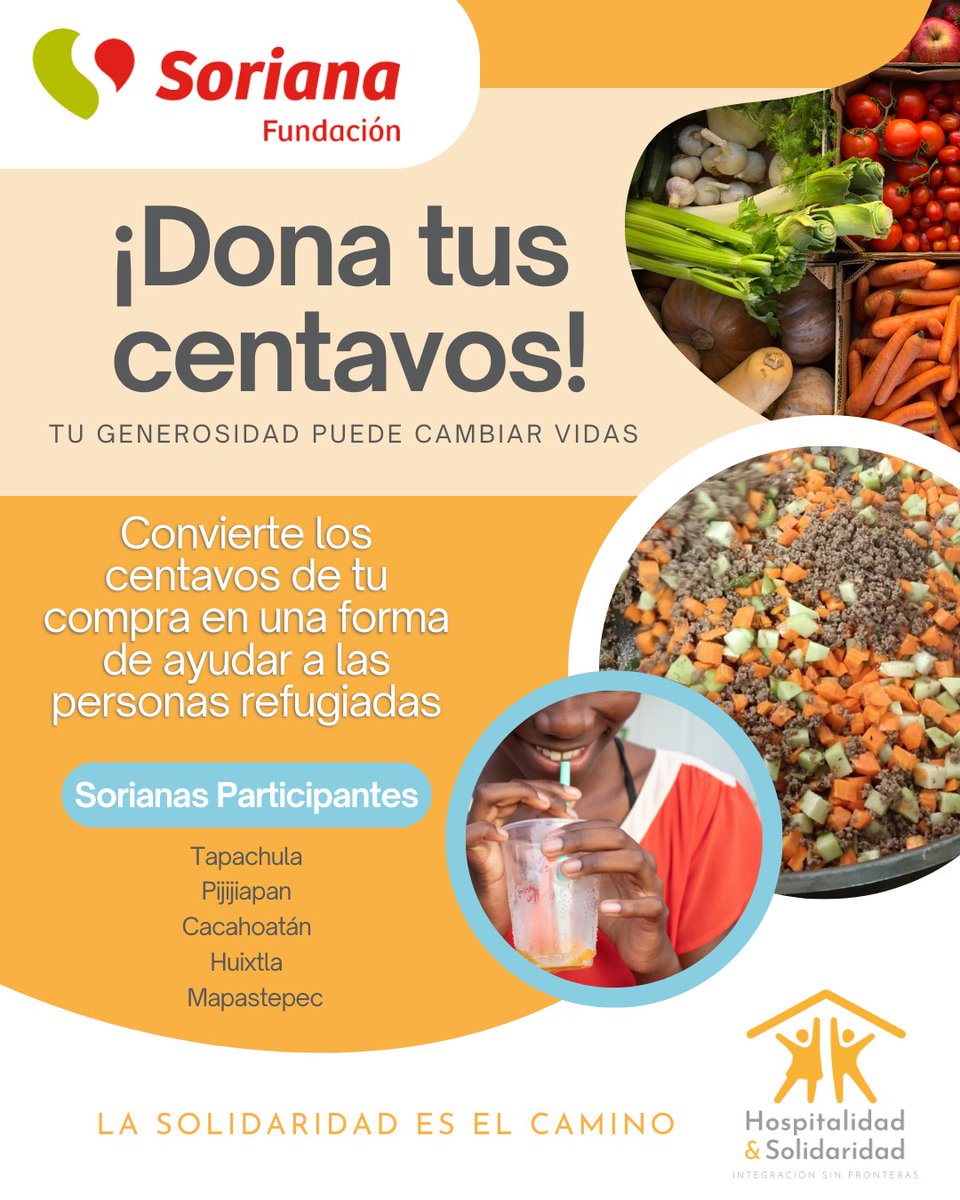 ¡Únete a la causa! 🙌🏽

En los cajeros de Soriana tienes la oportunidad de hacer una diferencia donando los centavos de tu compra para ayudar a las personas refugiadas de #AlbergueHyS🚶🏽‍♀️🌎🚶🏻

Cada pequeño gesto cuenta🤲🏽🧡
¡Dona hoy y sé parte del cambio!

#LaSolidaridadEsElCamino