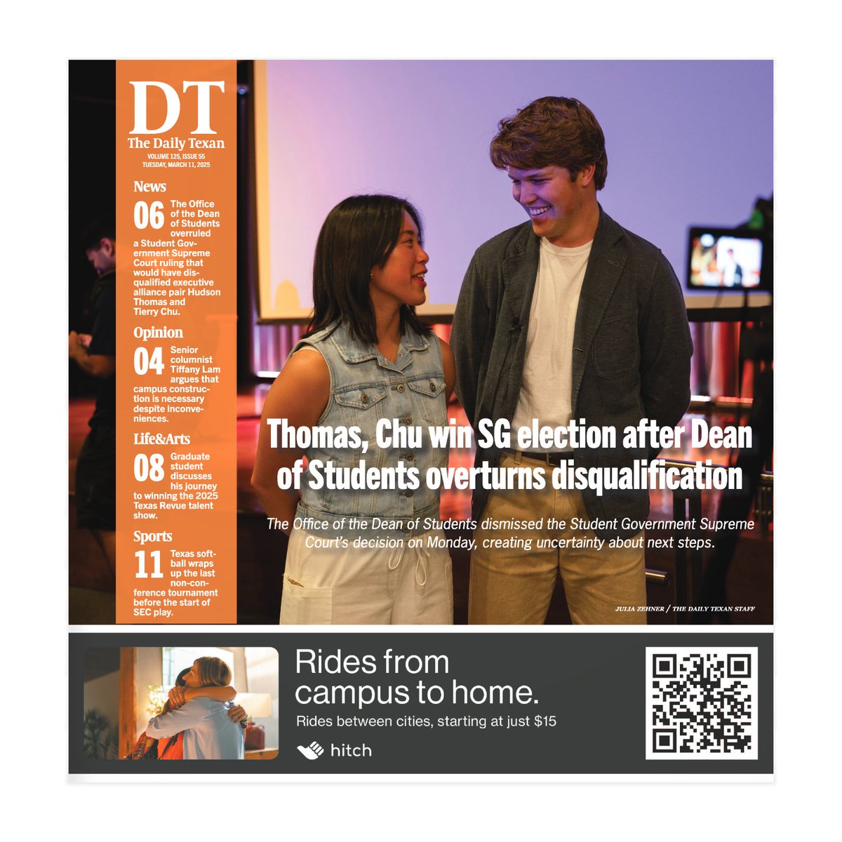 thedailytexan's tweet photo. Happy Tuesday, Longhorns! In today’s issue:

+ The Office of the Dean of Students reinstated Hudson Thomas and Thierry Chu as the 2025-26 executive alliance winners by overturning a UT Student Government Supreme Court ruling on March 10.
+ @UTexasMcCombs graduate student @JordanCordel won the 2025 Texas Revue Talent Show, captivating judges and the audience with a performance of his original song “Lonely”
+ @TexasSoftball closed out its non-conference play with five dominant wins in the Ohio State Tournament

All this and more: https://t.co/c6U0vp6Tfn