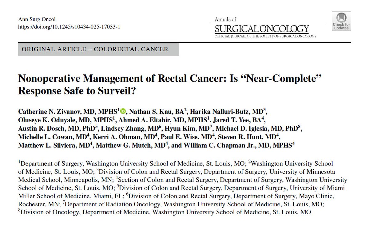 Sean Langenfeld (@seanlangenfeld) on Twitter photo Important recent <a href="/AnnSurgOncol/">Annals of Surgical Oncology</a> study from <a href="/WashUSurgery/">WashU Medicine Department of Surgery</a> looking retrospectively at long-term outcomes of near-complete responses who undergo #WatchAndWait for rectal cancer.
Almost all patients received SCRT followed by consolidation chemo-->48% cCR, 28% near-complete (NCR), and Important recent <a href="/AnnSurgOncol/">Annals of Surgical Oncology</a> study from <a href="/WashUSurgery/">WashU Medicine Department of Surgery</a> looking retrospectively at long-term outcomes of near-complete responses who undergo #WatchAndWait for rectal cancer.
Almost all patients received SCRT followed by consolidation chemo-->48% cCR, 28% near-complete (NCR), and