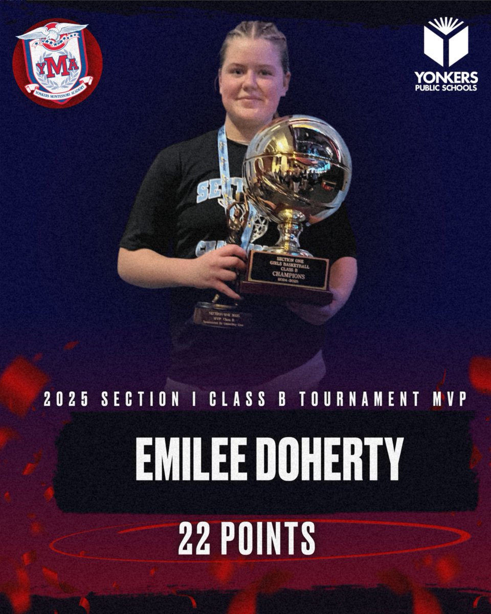 SECTION CHAMPS

The YMA Lady Eagles have DONE IT! With an electrifying 56-45 victory over Dobbs Ferry, they are officially SECTION CHAMPIONS!

Emilee Doherty was UNSTOPPABLE earning her MVP honors!
Arsela Mustafaj &amp; Liliana were named All-Tournament players!

Congratulations YMA!