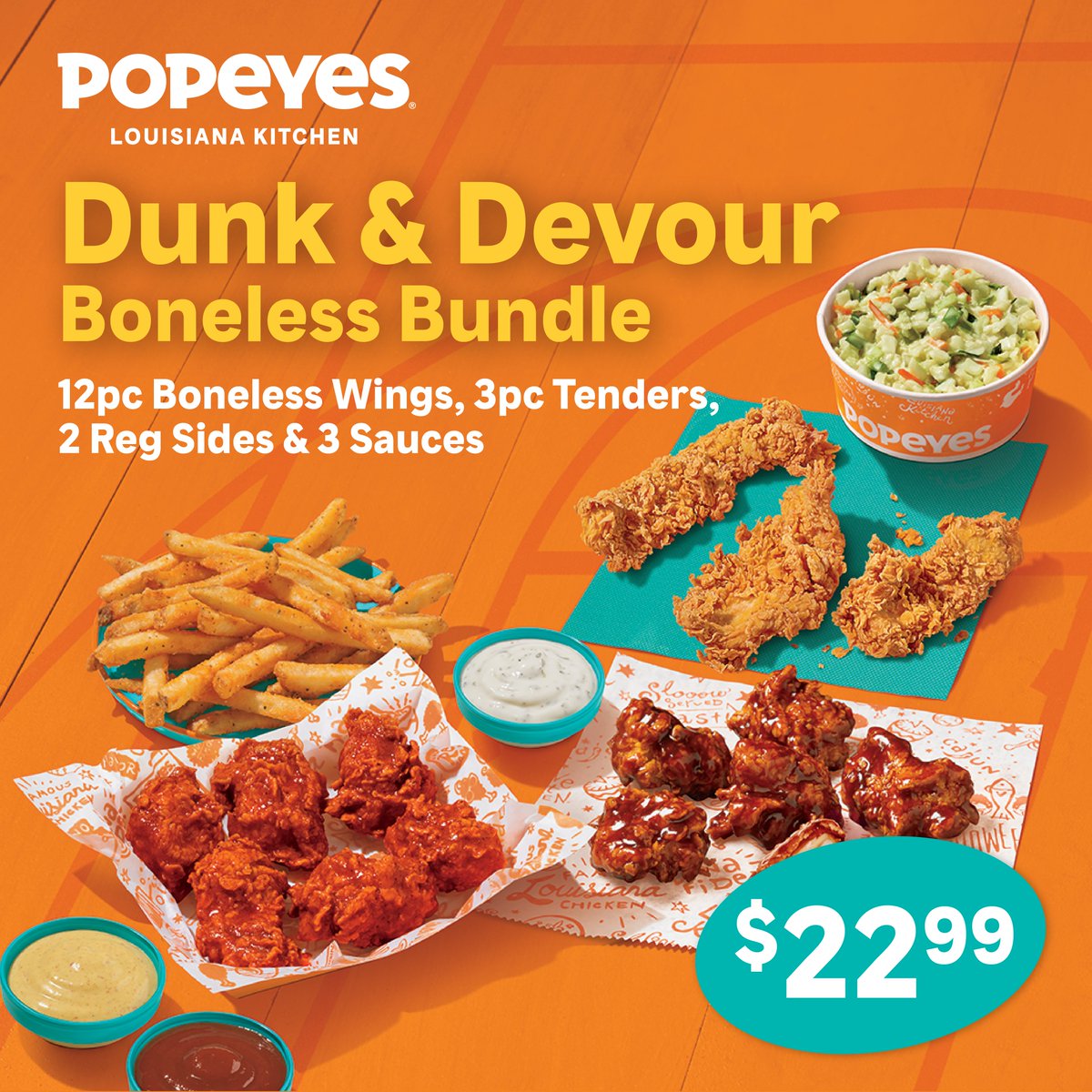 We don’t play when it comes to flavor 🏀 🔥 The Boneless Bundle is stacked with 12pc boneless wings, 3pc tenders, 2 sides and 3 sauces for only $22.99. Don’t sit this one out 💥