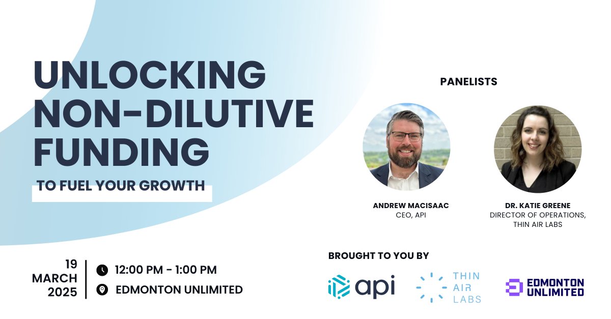 API (@api_applied) on Twitter photo Ready to elevate your life sciences venture? 🚀 Join us and <a href="/thinair_labs/">Thin Air Labs</a> on March 19 at <a href="/EdmontonUnltd/">Edmonton Unlimited</a> for an insightful session on non-dilutive funding with experts Andrew MacIsaac & Dr. Katie Greene!
Don’t miss out—secure your ticket now! 🎟️ bit.ly/43wGrGO Ready to elevate your life sciences venture? 🚀 Join us and <a href="/thinair_labs/">Thin Air Labs</a> on March 19 at <a href="/EdmontonUnltd/">Edmonton Unlimited</a> for an insightful session on non-dilutive funding with experts Andrew MacIsaac & Dr. Katie Greene!
Don’t miss out—secure your ticket now! 🎟️ bit.ly/43wGrGO
