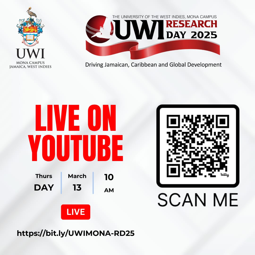 The UWI Mona Campus (@uwimona) on Twitter photo The UWI Research Day 2025 – LIVE on YouTube! 
📅 Thursday, March 13
⏰ 10 AM (Jamaica Time)
📍 Streaming LIVE on YouTube
📲 Watch here: bit.ly/UWIMONA-RD25
Or scan the QR code to tune in! 
#UWIResearchDay2025 #Innovation #GlobalDevelopment #UWIMona The UWI Research Day 2025 – LIVE on YouTube! 
📅 Thursday, March 13
⏰ 10 AM (Jamaica Time)
📍 Streaming LIVE on YouTube
📲 Watch here: bit.ly/UWIMONA-RD25
Or scan the QR code to tune in! 
#UWIResearchDay2025 #Innovation #GlobalDevelopment #UWIMona