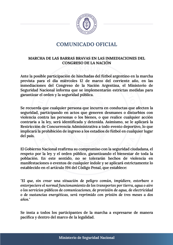 PatoBullrich's tweet photo. Mañana, en la marcha de las barras bravas, como en todas las demás: ley y orden. https://t.co/YpHFqKd5sZ