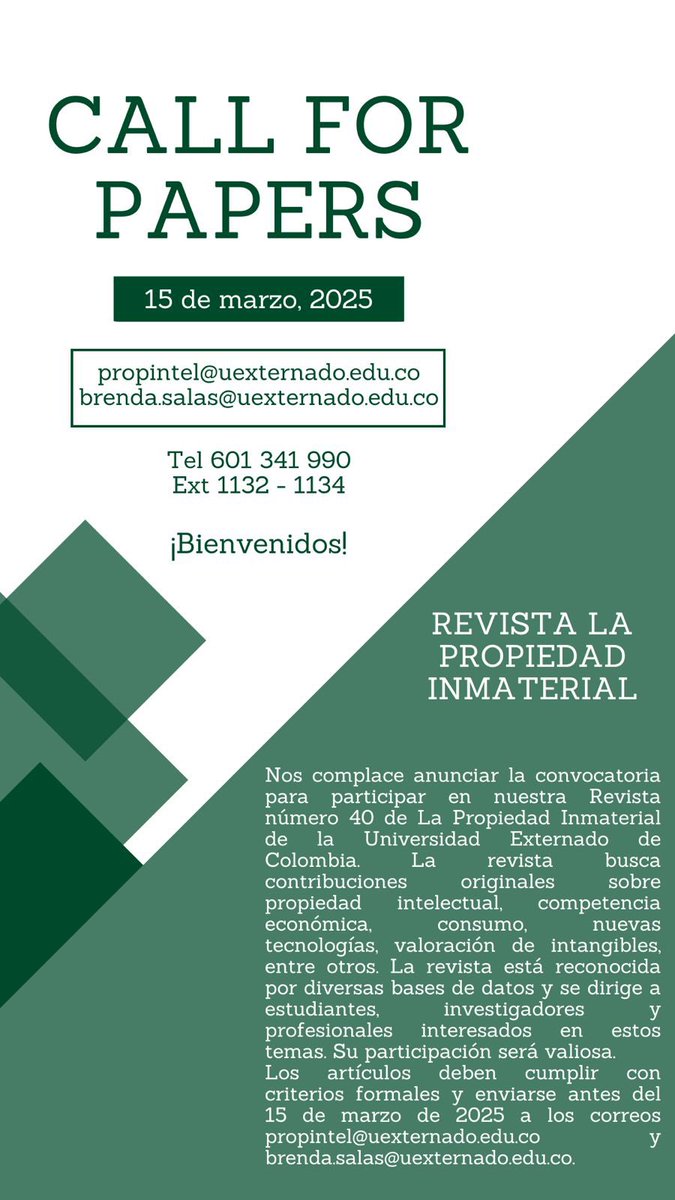 🚨🚨Quedan 5 días para que cierre la convocatoria de papers para la edición 40 de nuestra revista “La Propiedad Inmaterial”.

🔗Conoce los lineamientos en este enlace: propintel.uexternado.edu.co/la-revista-la-…