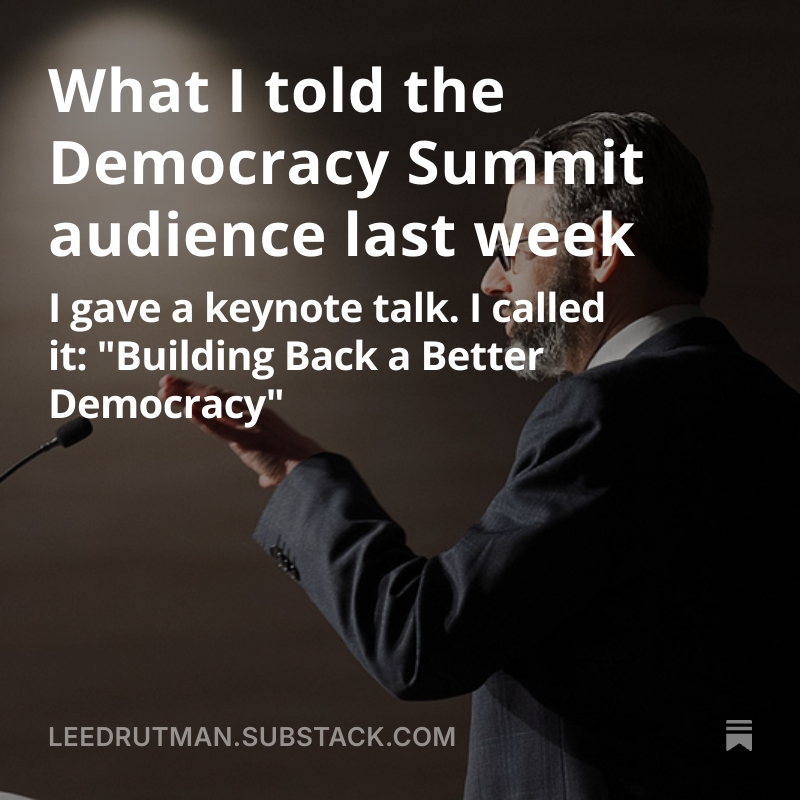 "We are not sleepwalkers, fated for disaster. We stand fully awake. We know the status quo is unacceptable.

So enough with the doom and gloom. The time demands action.

Let's reimagine. Let's rebuild. Let's turn this mess around."

open.substack.com/pub/leedrutman…