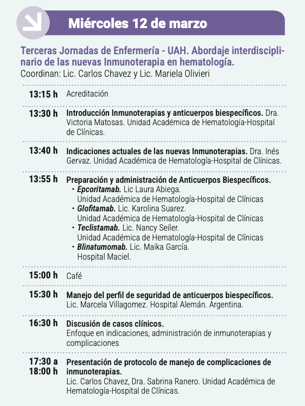 Mañana empiezan las 3ras Jornadas Integradas de la Unidad Académica de Hematología "Hematología al Día" con las Jornadas de Enfermería: Abordaje Interdisciplinario de las nuevas inmunoterapias en hematología
<a href="/Carlitocha/">Carlos</a>
<a href="/vicmatosas/">Victoria Matosas</a>
<a href="/ini_gervaz/">Ini Gervaz</a>
<a href="/SabrinaRanero/">Sabrina Ranero Ferrari</a> @lauraabiega