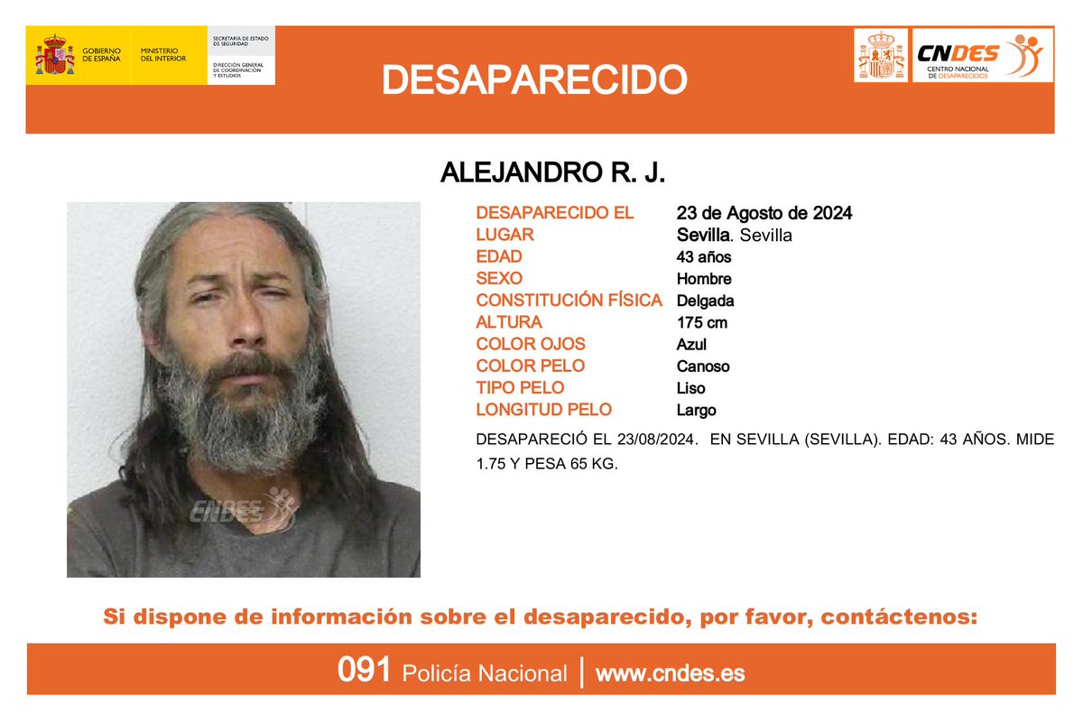 cndes_oficial's tweet photo. ⚠️ ‼️DESAPARECIDO‼️⚠️
ℹ️🚹 43 años
🔍Visto por última vez en #Sevilla 
⏰Tu ayuda es fundamental
🔗RT y colabora a través de📩
📞091 @policia
🛰️Síguenos en @cndes_oficial
#desaparecido https://t.co/K4yDS3KNaw