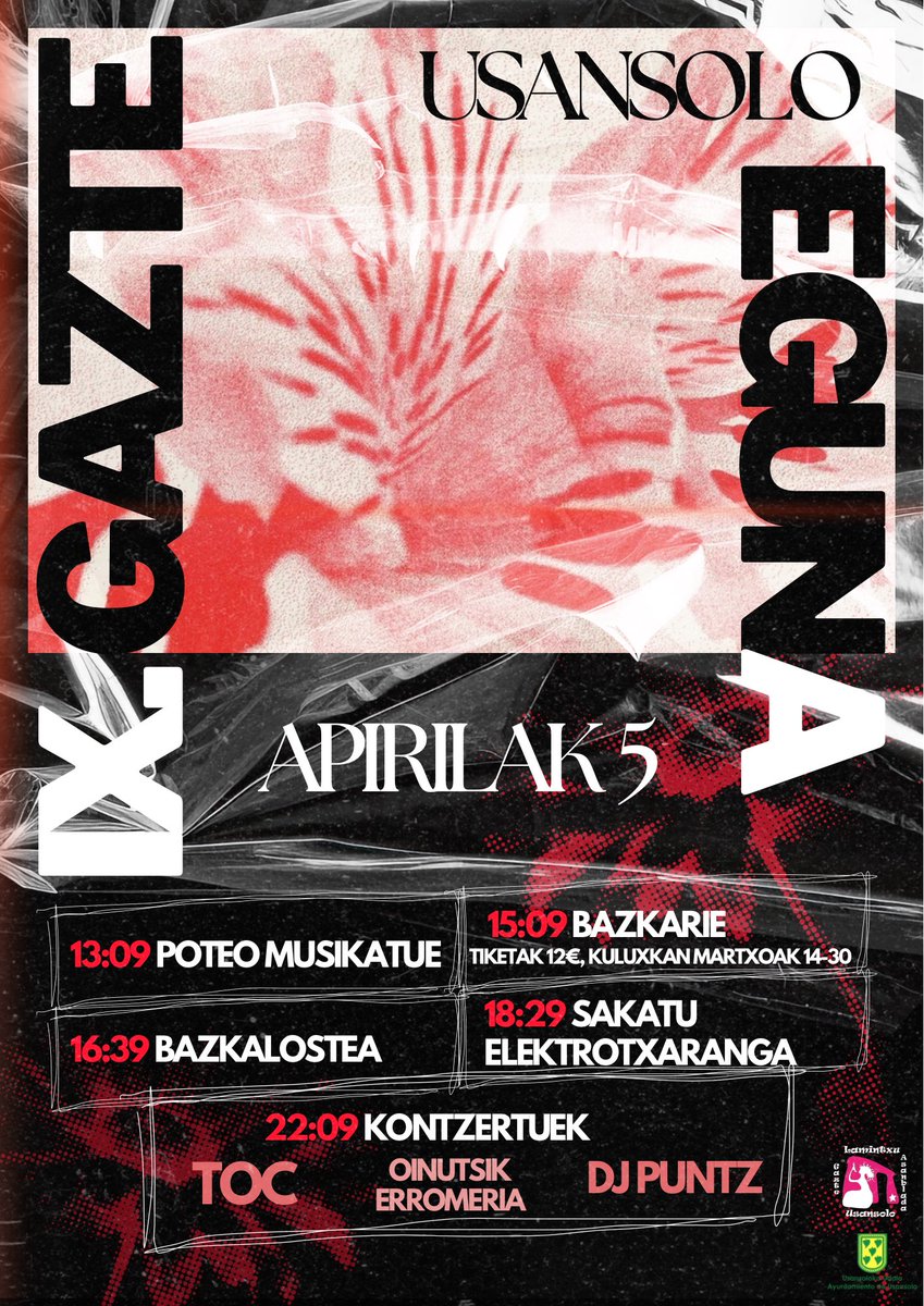 Aupa Usansolo🙋‍♀️ 
Badator IX. GAZTE EGUNA🔥Apirilak 5ean.
Menua: Paella + Postrea + Kopa (12€) / menu vegeta eta zeliakoa aukeran.
Tiketak martxoaren 14tik 30era Kuluxkan.
ANIMAUUU!!🤟🤟