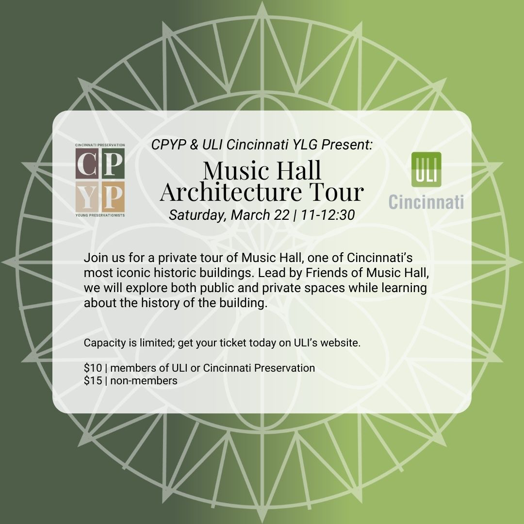 FriendsHall's tweet image. Join @ULICincinnati &amp;amp; the CPYP next Sat March 22 for a private 90 min architectural tour of @MusicHallCincy. Immerse yourself in this National Historic Landmark &amp;amp; learn of its rich architectural legacy &amp;amp; its recent revitalization. Get your tix now!
tinyurl.com/4cry5xzv
