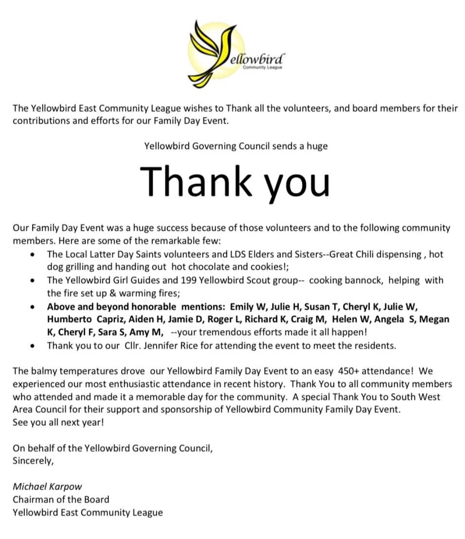 The Yellowbird East Community league wishes to thank all Family Day event volunteers.
#efcl #yeg #familyday2025 #keheewin #bearspaw