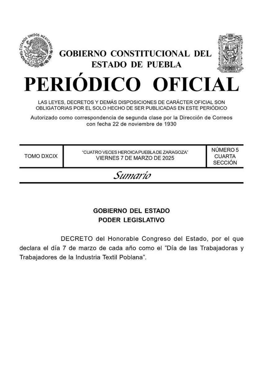 Decreto del <a href="/CongresoPue/">H. Congreso de Puebla</a> que declara el 7 de marzo de cada año como "Día de las Trabajadoras y los Trabajadores de la Industria Textil Poblana", con el objetivo de reconocer su labor y el orgullo que representan para la entidad.

🔗👇
periodicooficial.puebla.gob.mx/media/k2/attac…