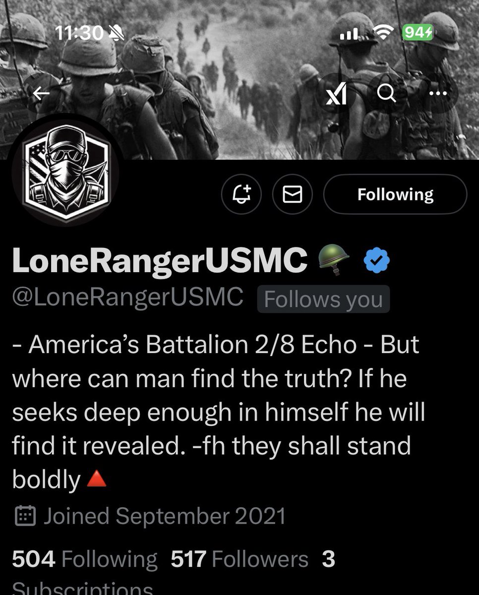 Conservative Cat (@lynnhall268) on Twitter photo Please give <a href="/LoneRangerUSMC/">LoneRangerUSMC 🪖</a> a follow and a repost or shoutout to show our gratitude for his service.
USMC
Thank you for your service. We appreciate you.
*These shoutouts are unsolicited and a show of gratitude and respect and are not a request for a follow back. They are Please give <a href="/LoneRangerUSMC/">LoneRangerUSMC 🪖</a> a follow and a repost or shoutout to show our gratitude for his service.
USMC
Thank you for your service. We appreciate you.
*These shoutouts are unsolicited and a show of gratitude and respect and are not a request for a follow back. They are