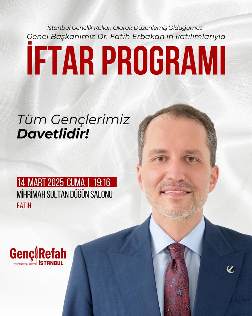 İstanbul Gençlik Kolları Olarak Genel Başkanımızın Katılımlarıyla Düzenlemiş Olduğumuz İftar Programı! 

İftar programımıza tüm genç kardeşlerimiz davetlidir!  

⏰ 19.16
📅 14 Mart Cuma 
📍 Mihrimah Sultan Düğün Salonu – Fatih