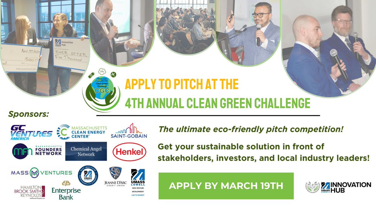 MassInno's tweet image. Applications are open for the Clean Green Challenge! 
If you&apos;re working on carbon capture, hydrogen, energy storage, recycling, or AI for sustainability, apply now for mentorship &amp;amp; funding! 
Deadline: March 19 
buff.ly/V5BVxbE 
@ihub_uml #ClimateSolutions