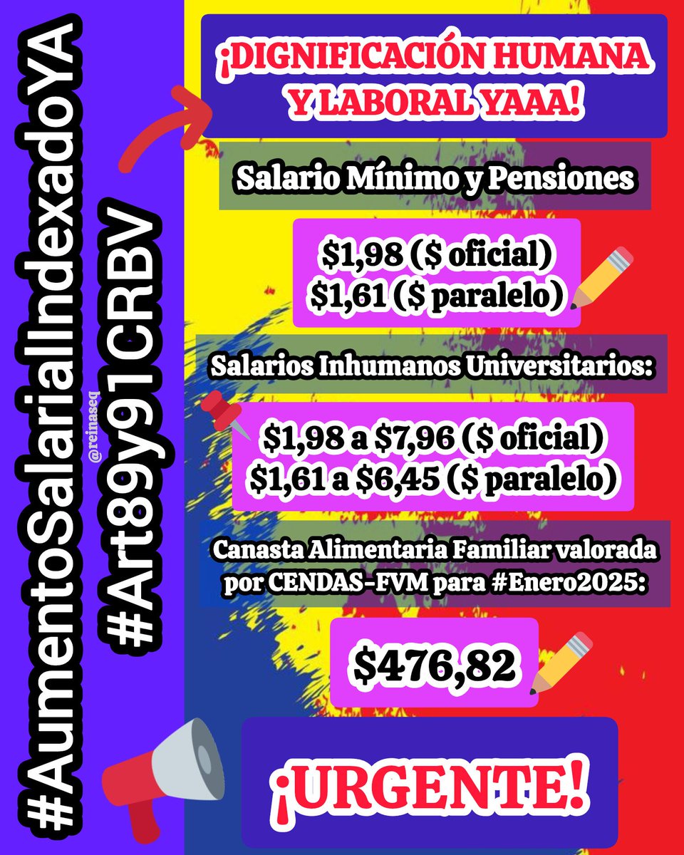 📢 CASI 3 AÑOS SIN AUMENTO REAL DEL SALARIO BASE EL CUAL TIENDE A CERO || LOS DERECHOS LABORALES SON #DDHH IRRENUNCIABLES, PROGRESIVOS, INTANGIBLES Y NO NEGOCIABLES
📢 LOS UNIVERSITARIOS INSISTIMOS EN LA RESTITUCIÓN DE NUESTRO INGRESO REAL
#AumentoSalarialIndexadoYA
#Art89y91CRBV