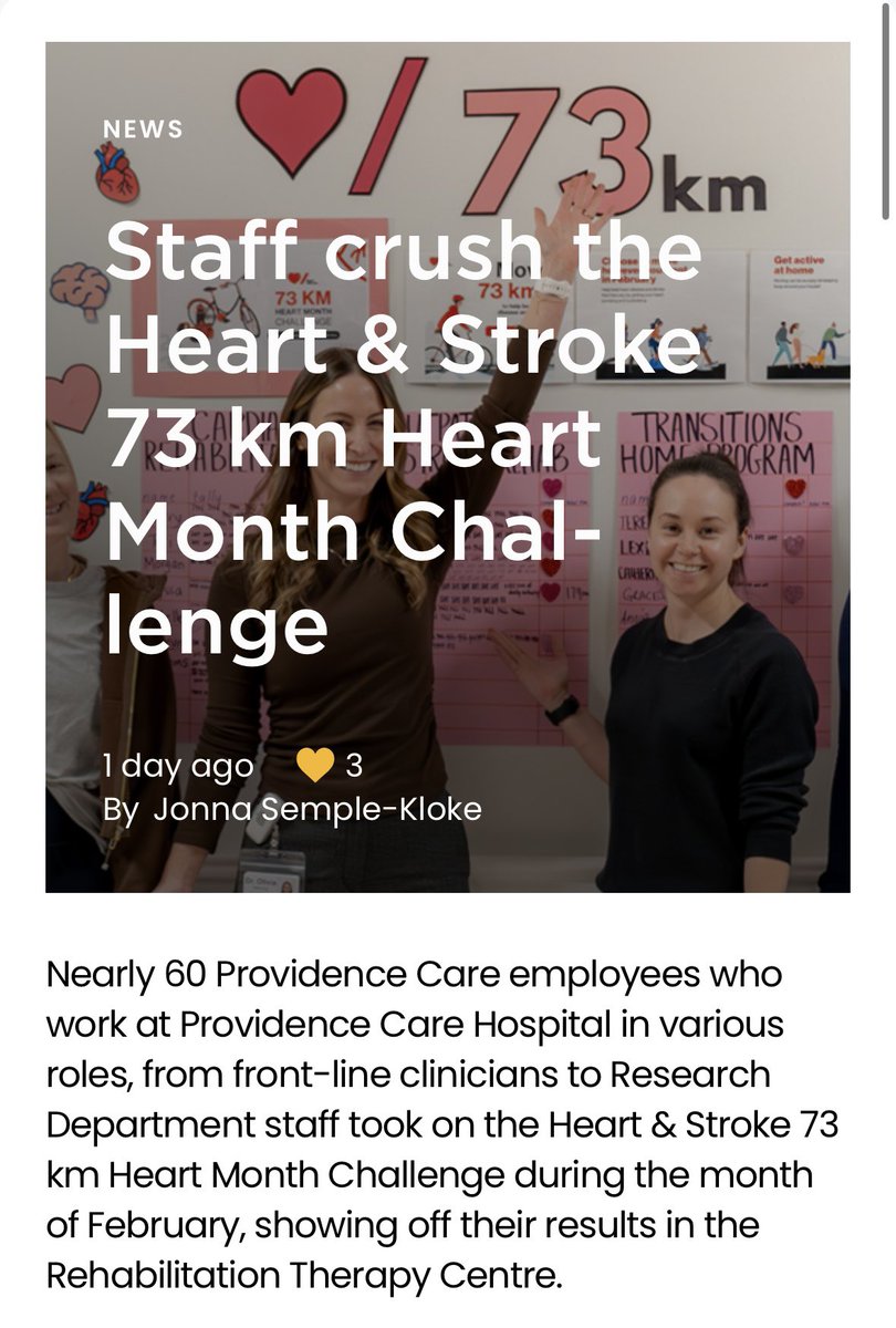 manningoliviaj's tweet photo. It started with our Outpatient Stroke team challenging Cardiac Rehab in the @HeartandStroke 73km Feb Challenge, and grew to teams from all across the hospital joining, even patients, upwards of 60 people! Inspired all the time by the people I work with everyday @providence_care💕 https://t.co/7hV4KkpAPy