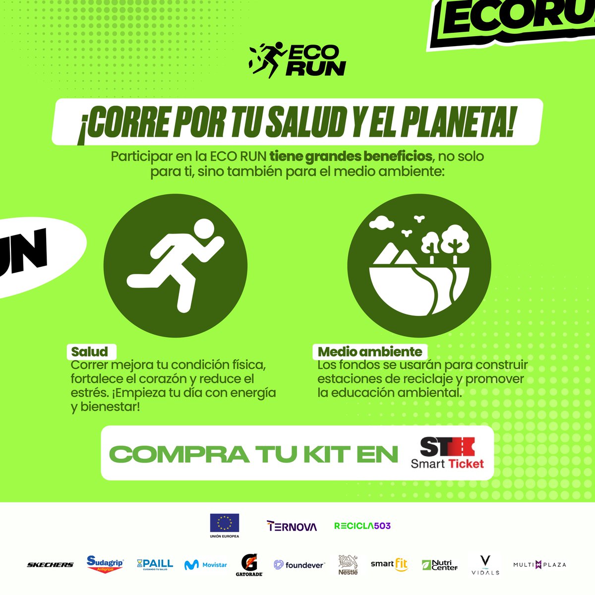 ¡Corre por tu salud y el planeta! 🌍🏃‍♂️🏃‍♀️

Participar en la ECO RUN tiene grandes beneficios, no solo para ti, sino también para el medio ambiente.🌟

Compra tu kit en Smart Ticket y únete a nosotros en esta jornada por un futuro más saludable y verde. 🌍💚

#ECORUN #FuturoVerde