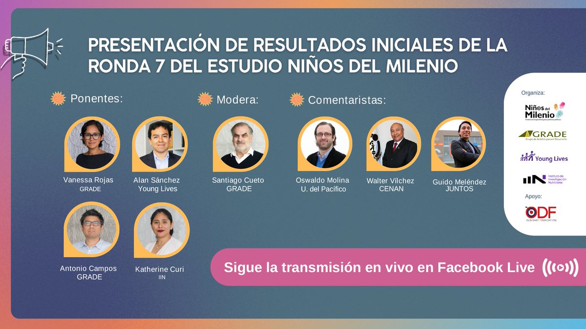 Hoy a las 5:30 pm presentaremos los resultados iniciales de la Ronda 7 <a href="/NinosdelMilenio/">Estudio Longitudinal Niños del Milenio</a>. Con: <a href="/SantiagoCueto6/">Santiago Cueto</a>, <a href="/alan_sanchezj/">Alan Sánchez</a>, <a href="/vanerojas_2/">Vanessa Rojas Arangoitia</a>, <a href="/acamposfl/">Antonio Campos</a>, Katherine Curi <a href="/IINPeru/">Instituto de Investigación Nutricional</a>, Walter Vílchez CENAN, <a href="/OswaldoMolinaC/">Oswaldo Molina</a> y Guido Meléndez <a href="/Midisjuntos/">Midis Juntos</a>. FB Live: facebook.com/NinosDelMileni…