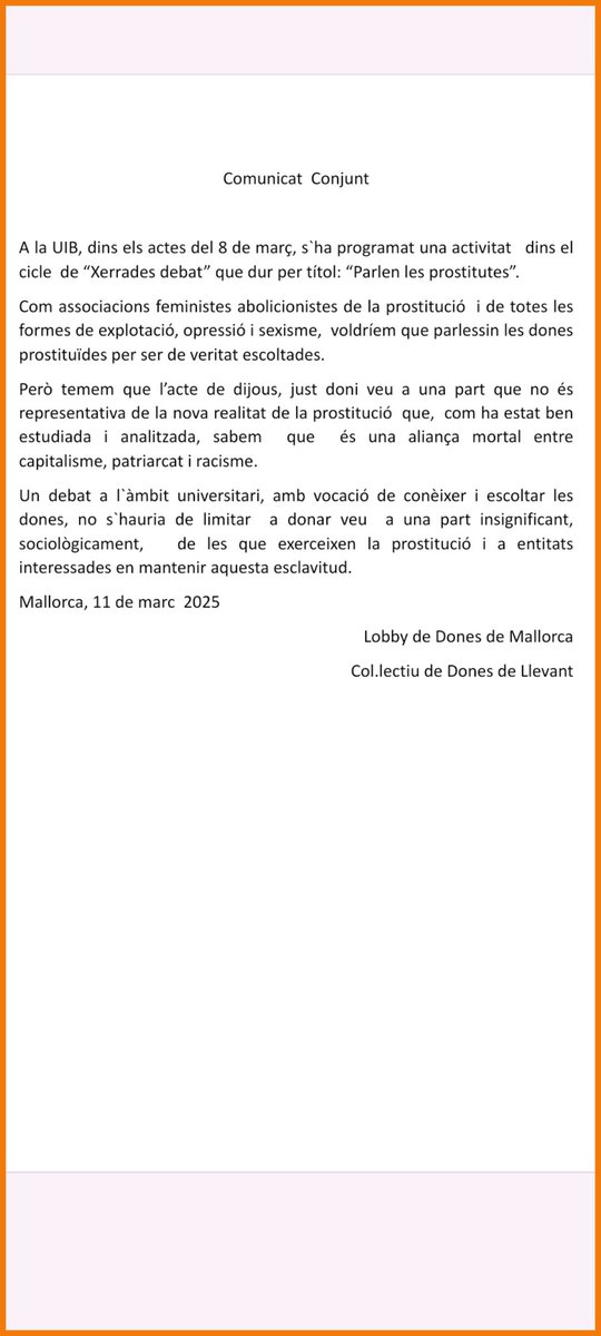 Comunicat conjunt en relació al debat sobre prostitució organizat per la UIB.