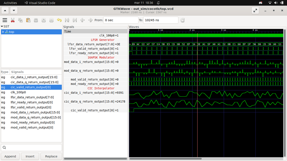 DutraCGI's tweet image. Developing one #16APSK Modulator on #FPGA using #PipelineCHDL ! 

Testbench Datapath:
#LFSR -&amp;gt; APSK16 Map -&amp;gt; #CIC Filter -&amp;gt; out

Simulation done with #ghdl + #cocotb, data plotted using #numpy and #matplotlib !

#dsp #sdr #HDL #ccsds #rf #psk #apsk #modem