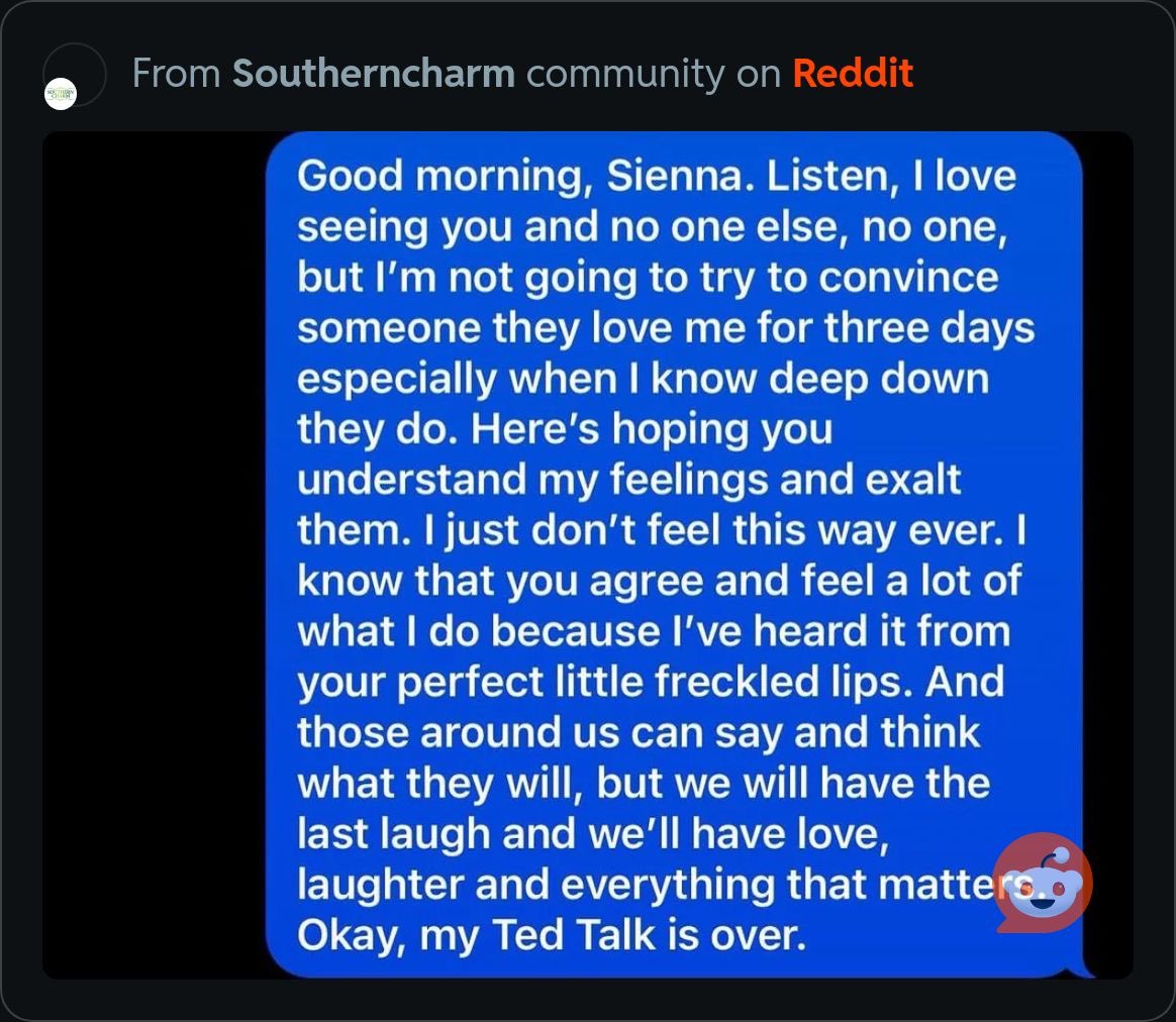 samnicole411's tweet photo. This text was so cringe that it’s  honestly a work of art. I want to hang this in The Louvre. 

#southerncharm #relationshep https://t.co/sWAtn8gV6F
