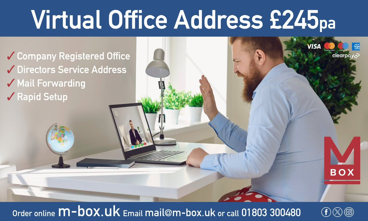 Running a business from home?

Get your own Virtual Office Address for only £245pa 📬

✅ Company Registered Office
✅ Directors Service Address
✅ Alternative to a P O Box
✅ Rapid Setup
✅ Pay in instalments with ClearPay

🛒 Buy online now ⬇️

square.link/u/Rf6XFtLp