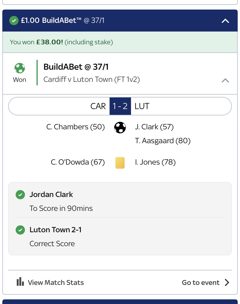 I dreamt last night Clark scored 90th minute winner making it 2-1, not quite what happened but I had to put a little bet on! 🥳
