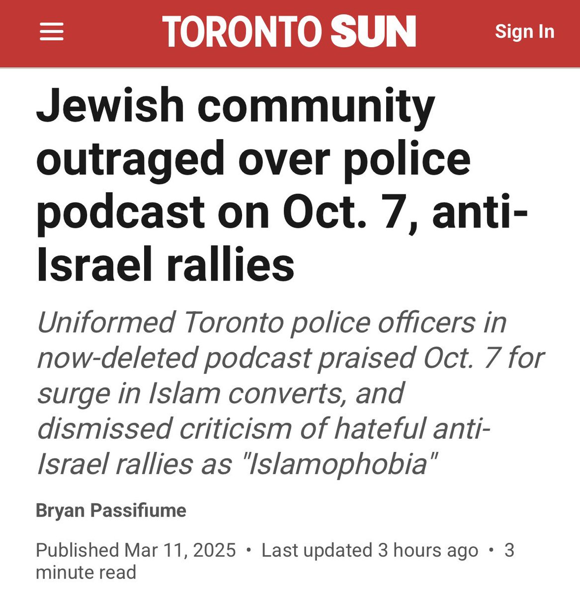 Hey <a href="/TorontoPolice/">Toronto Police</a> and Mayor <a href="/MayorOliviaChow/">Mayor Olivia Chow 🇨🇦</a> having tax dollars go to producing a <a href="/TorontoPolice/">Toronto Police</a> podcast where Constables Haroon Siddiqui and Farhan Ali — both Muslim liaison officers, praised the Oct. 7 2023 Hamas terror attacks for an increase in converts to Islam is