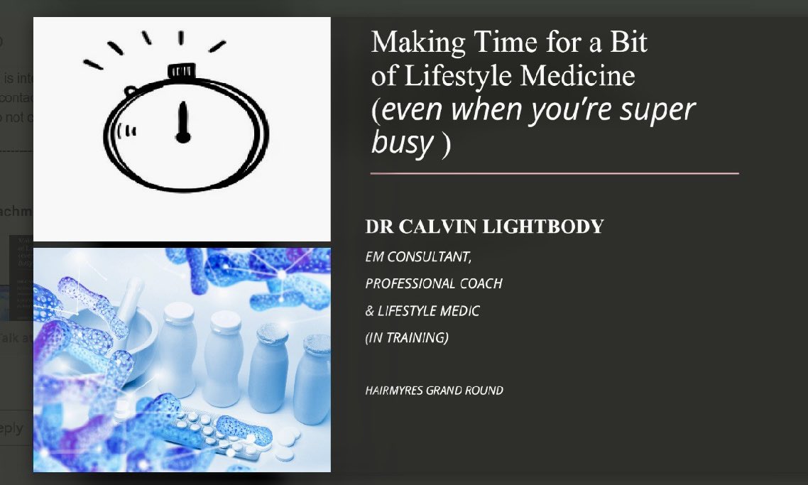 Calvin Lightbody (@drcjlcoaching) on Twitter photo My presentation for Wednesday’s Grand Round <a href="/wearehairmyres/">University Hospital Hairmyres</a>
Perhaps not what you’d expect an A&E doctor to be talking about!
#LifestyleMedicine
#WellbeingAtWork My presentation for Wednesday’s Grand Round <a href="/wearehairmyres/">University Hospital Hairmyres</a>
Perhaps not what you’d expect an A&E doctor to be talking about!
#LifestyleMedicine
#WellbeingAtWork
