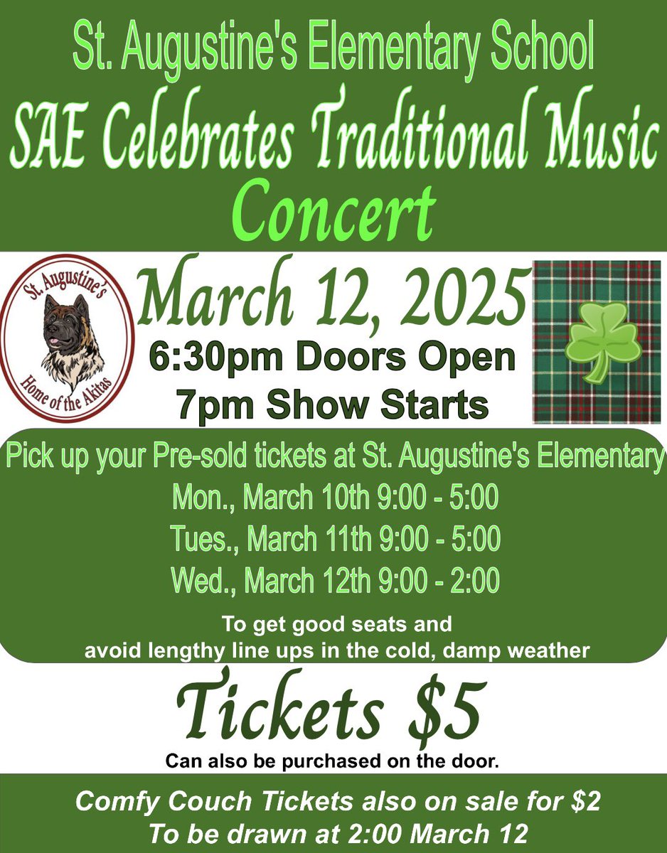 🍀Help SAE Celebrate Traditional Music. Concert tomorrow Wed.,Mar. 12 at 7. K-6 will be singing a variety of traditional music. Tribute Band, Fair Size Pond and Jillian Rees-Brown will also be performing. Come out and support our children, school and local talent. Tickets $5.🍀