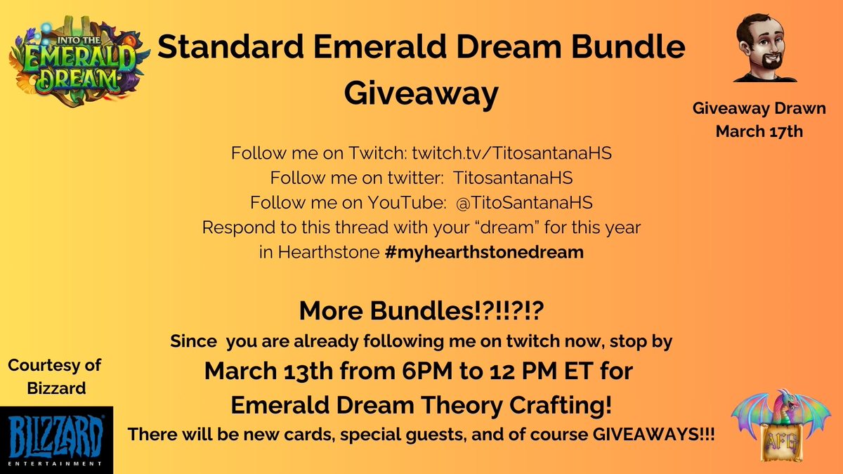 TitoSantanaHS's tweet image. Standard Emerald Dream Bundle Giveaway (thanks to team 5 and Blizzard Ent. ).  You know how it works... is this your time to get lucky and win a bundle?  I think so!