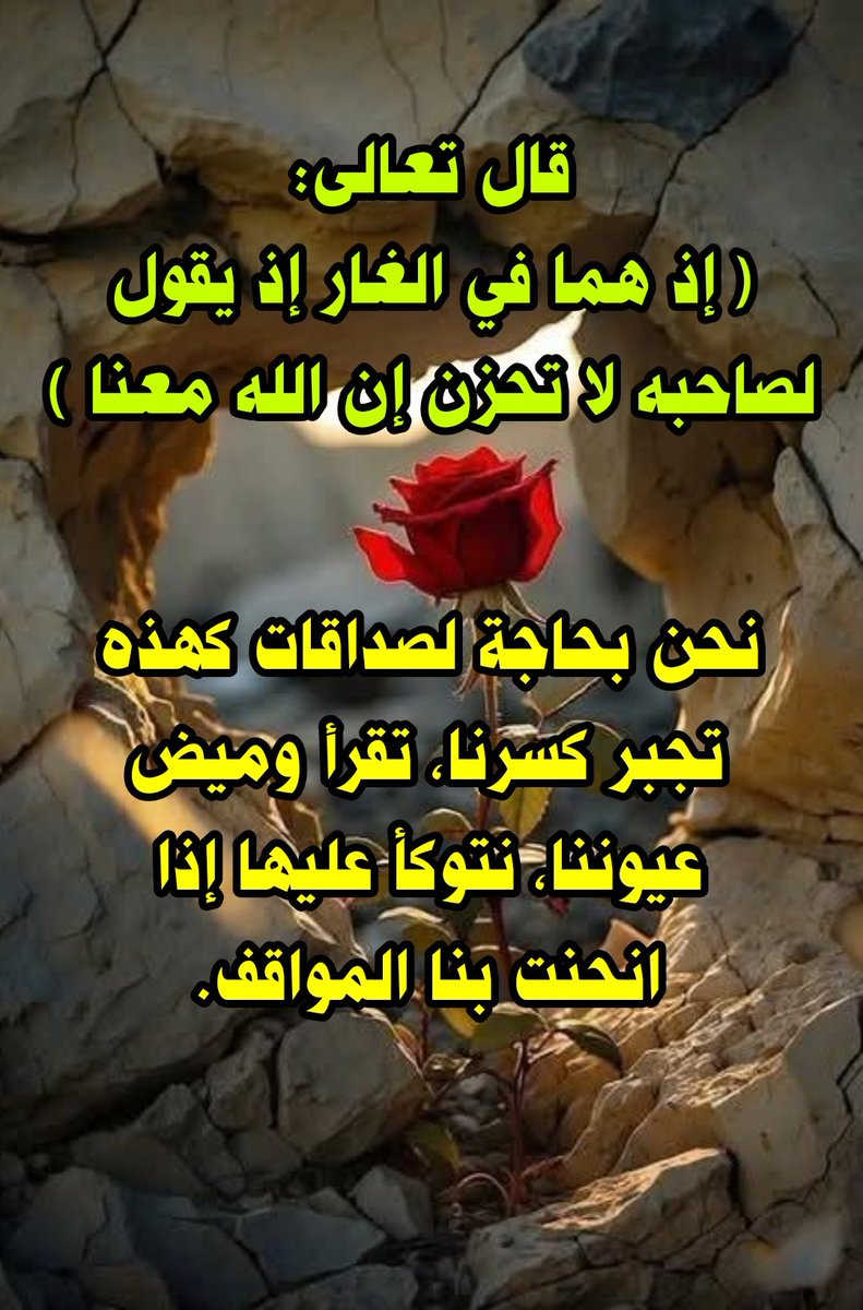 قال تعالى:
﴿إِذْ هُمَا فِي الْغَارِ إِذْ يَقُولُ لِصَاحِبِهِ لَا تَحْزَنْ﴾
نحن بحاجة لصداقات كهذه تجبر كسرنا، تقرأ وميض عيوننا، نتوكأ عليها إذا انحنت بنا المواقف.