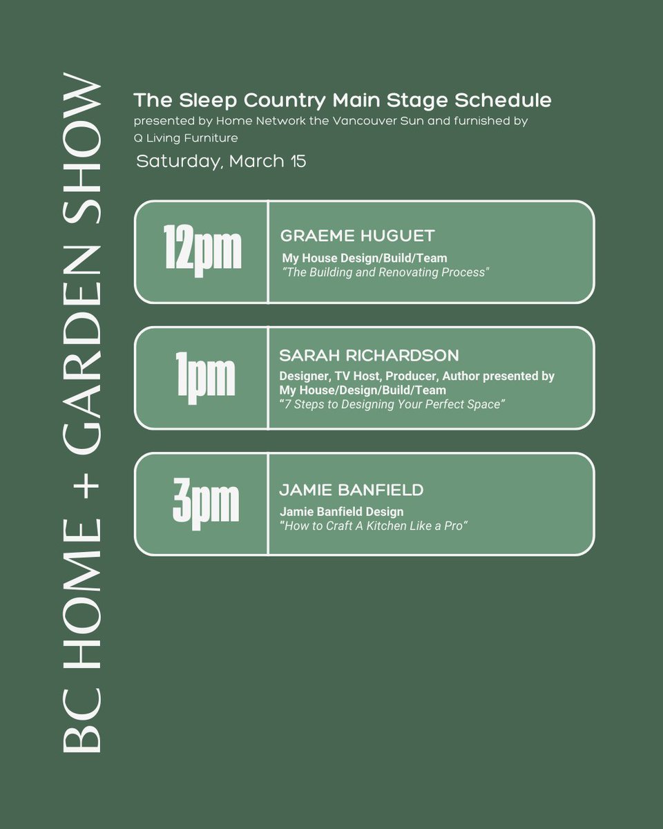 Get ready for this year's Show! 🎉 Check out the Part #1 schedule for The Sleep Country Main Stage, presented by <a href="/homenetworkca/">Home Network</a> and the <a href="/VancouverSun/">The Vancouver Sun</a>. Furnished by Q Living! #VANHomeShow