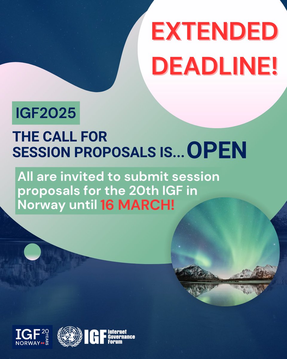 The #IGF2025 Call for Sessions is now EXTENDED until Sunday 16 March!
Anyone who has been thinking about submitting a proposal for the 20th IGF programme still has the chance to do so. 
See Call details here: bit.ly/42VwIK1