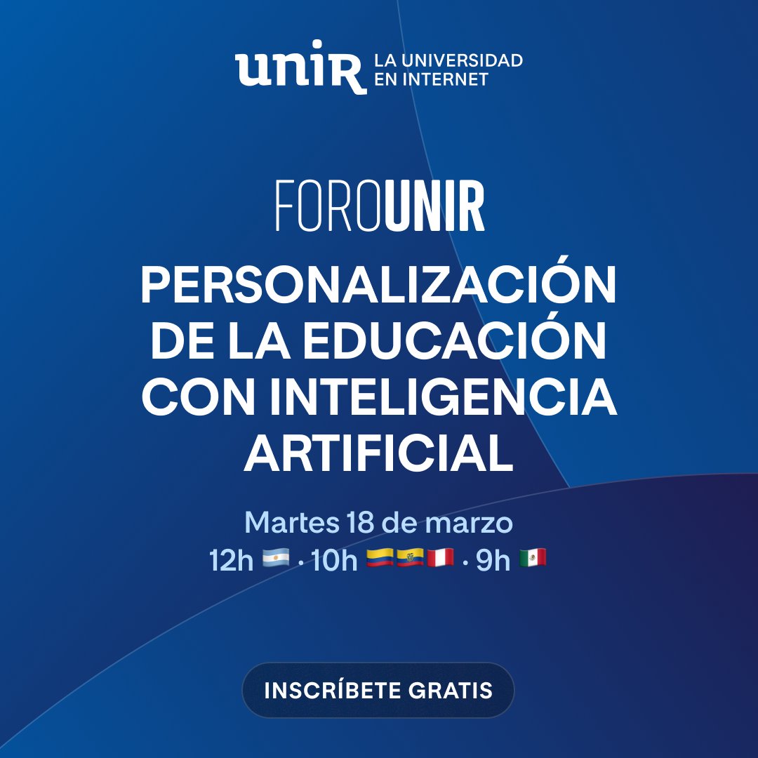 🎓✨ Descubre cómo la #InteligenciaArtificial está transformando la enseñanza en nuestro #ForoUNIR 

📅 18/03 | 🇪🇸 16:00h, 🇨🇴🇪🇨🇵🇪 10:00h, 🇲🇽🇨🇷 09:00h
🔗 ¡Inscríbete aquí! ow.ly/6KKR50VfPps

👨‍🏫 Con expertos en IA y educación:
🎙 José Gabriel Aguilera – Docente del Máster en