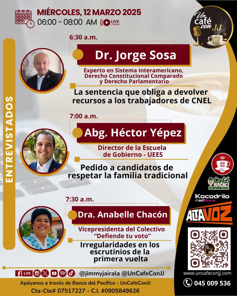 Un Café con JJ (@uncafeconjj) on Twitter photo ☕️MAÑANA EN <a href="/UnCafeConJJ/">Un Café con JJ</a>  son nuestros invitados:
🎙️@JorgeSosaMeza 
🎙️<a href="/HectorYepezM/">Héctor Yépez</a> 
🎙️Annabelle Chacón
   SÍGUENOS en las cuentas de <a href="/jimmyjairala/">Jimmy Jairala</a> en YouTube y Facebook, <a href="/altavoz_ecu/">Altavoz EC</a> <a href="/CafeClub_Lat/">CafeClubTv</a> ☕️MAÑANA EN <a href="/UnCafeConJJ/">Un Café con JJ</a>  son nuestros invitados:
🎙️@JorgeSosaMeza 
🎙️<a href="/HectorYepezM/">Héctor Yépez</a> 
🎙️Annabelle Chacón
   SÍGUENOS en las cuentas de <a href="/jimmyjairala/">Jimmy Jairala</a> en YouTube y Facebook, <a href="/altavoz_ecu/">Altavoz EC</a> <a href="/CafeClub_Lat/">CafeClubTv</a>