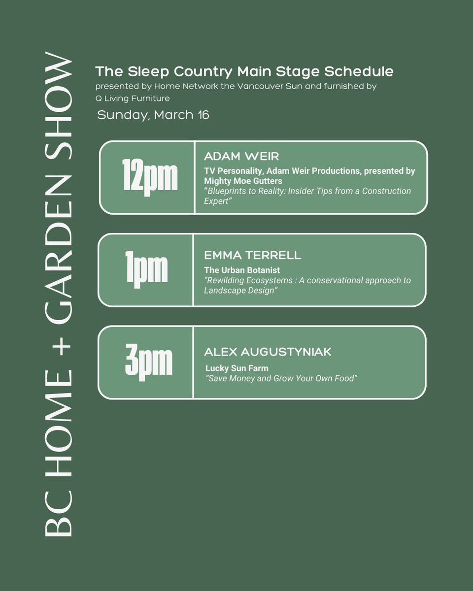 Get ready for this year's Show! 🎉 Check out the Part #2 schedule for The Sleep Country Main Stage, presented by <a href="/homenetworkca/">Home Network</a> and the <a href="/VancouverSun/">The Vancouver Sun</a>. Furnished by Q Living! #VANHomeShow