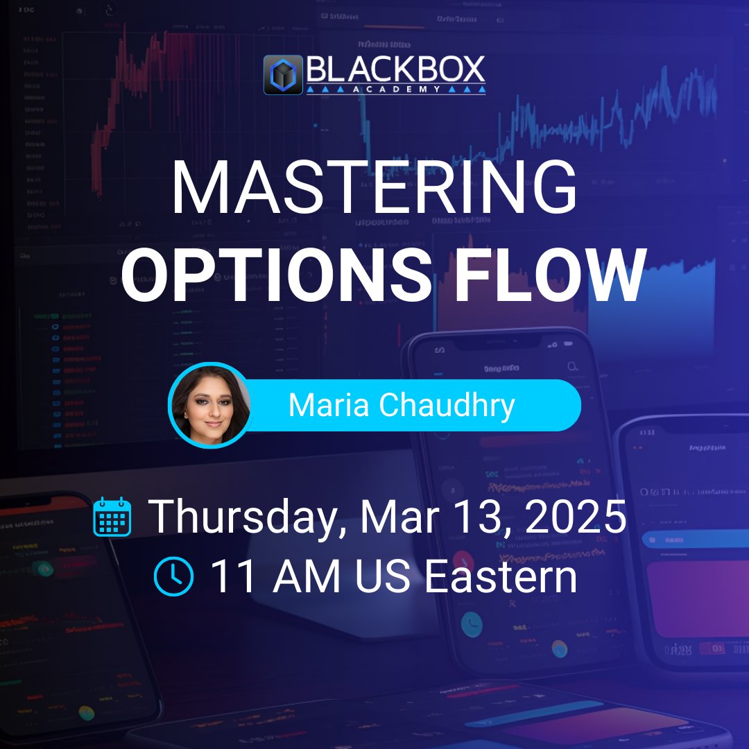 BlackBoxStocks (@blackboxstocks) on Twitter photo 🚀 Mastering Options Flow with <a href="/mchaudhry82/">Maria Chaudhry</a> starts in 2 days!
Learn her strategies & frameworks to level up your options trading during this 6 week course. Enroll by Thursday & get 20% OFF!
Join now 👉academy.blackbox.io/mastering-opti…
#OptionsTrading #StockMarket #TradingEducation 🚀 Mastering Options Flow with <a href="/mchaudhry82/">Maria Chaudhry</a> starts in 2 days!
Learn her strategies & frameworks to level up your options trading during this 6 week course. Enroll by Thursday & get 20% OFF!
Join now 👉academy.blackbox.io/mastering-opti…
#OptionsTrading #StockMarket #TradingEducation