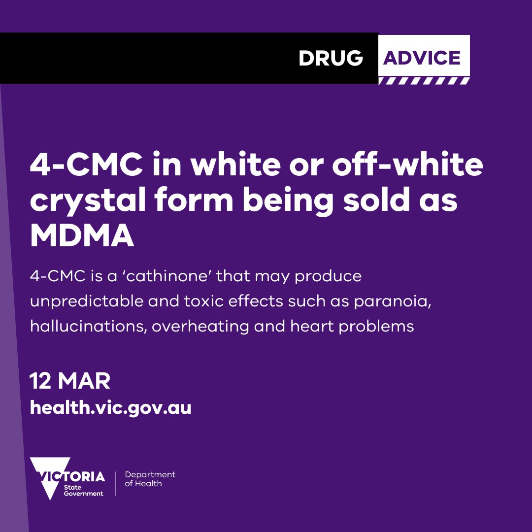 Recent testing of 3 separate samples in Victoria, all believed to be MDMA, were found to contain 4-CMC. The samples were all in the form of crystals that were white, or off-white in colour.

More: go.vic.gov.au/4bIjL8J

1/6 🧵