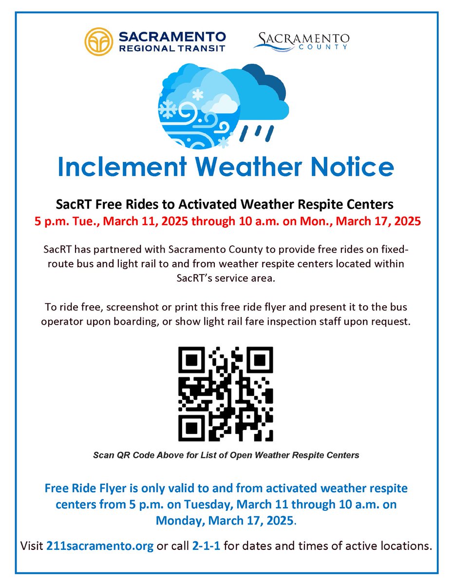 With the <a href="/NWSSacramento/">NWS Sacramento</a> issuing a wind advisory, the City will activate the Outreach and Engagement Center as a weather-respite center.
 
The OEC (3615 Auburn Blvd.) will operate from 3 p.m. Tuesday, March 11 to 8 a.m. Thursday, March 13.
 
Learn more: wp.me/p3ZwPQ-957