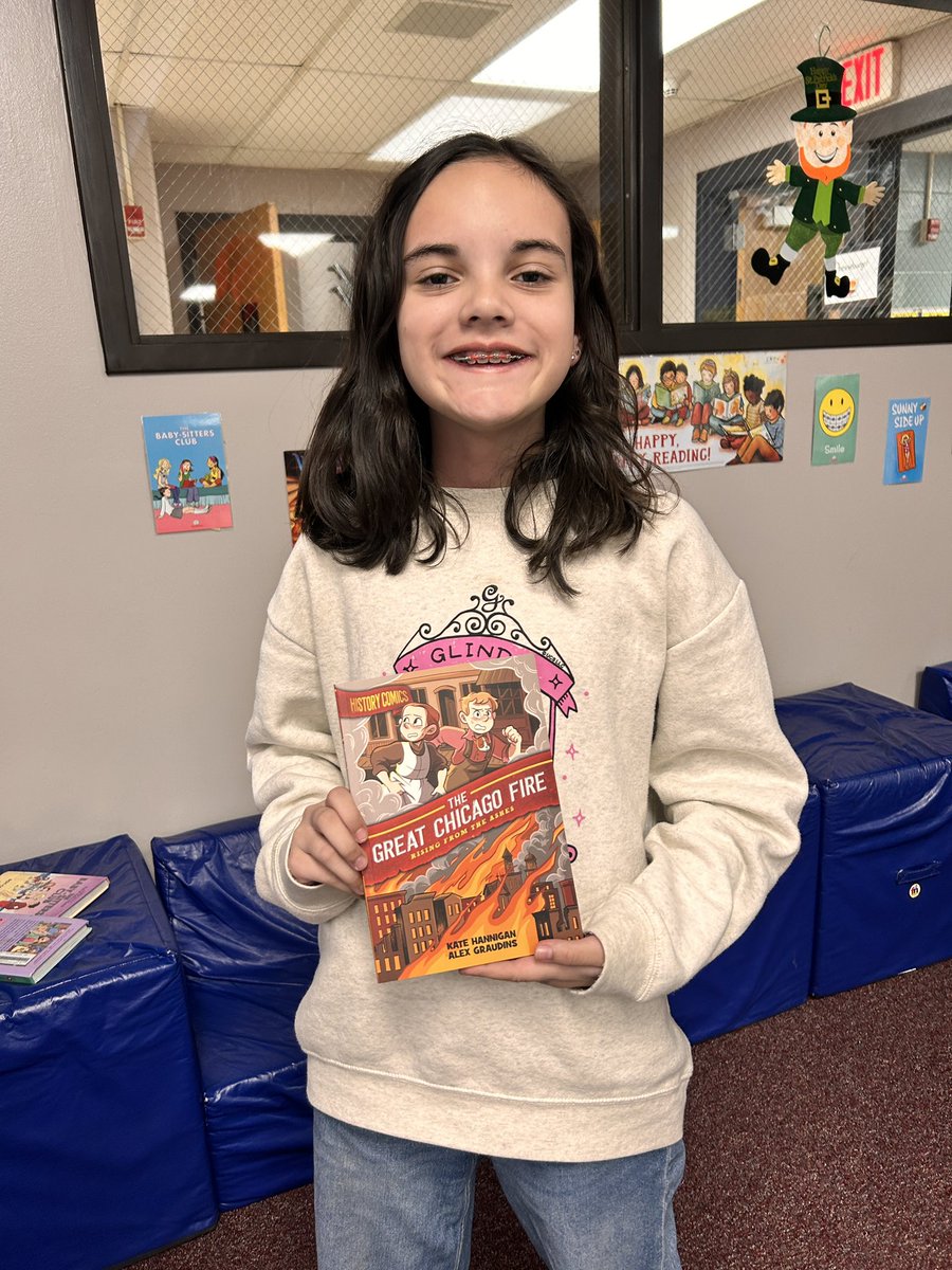 Congratulations to this lucky 5th grader! She was so excited to win an autographed copy of The Great Chicago Fire: Rising From the Ashes by Kate Hannigan. She wrote a thoughtful essay about what she would want to save in a fire, complete with illustrations. #WestmoreWildcats