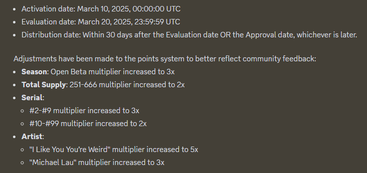 An update has been posted regarding the <a href="/PlayBlankos/">Blankos Block Party</a>  Loyalty Rewards Program! DAO voting will be taking place soon with the MYTH distribution date to occur 30 days after the evaluation/approval date!

There has also been some adjustments to the points scoring system for the